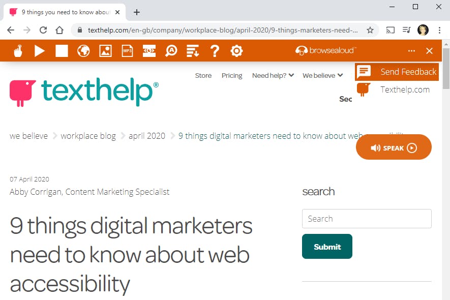 Browser showing how to submit feedback on the Browsealoud toolbar