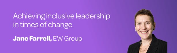 Title 'Achieving inclusive leadership in times of change' with a profile photo of author Jane Farrell