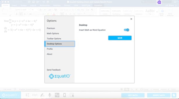 Screenshot of Options Tab with 'Insert Math as Word Equation' Toggled On