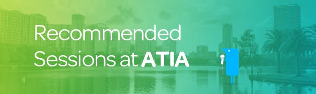 Text reads: Recommended Sessions at ATIA plus Texthelper holding microphone