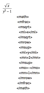 MathML version of the square root of x over y squared minus 1