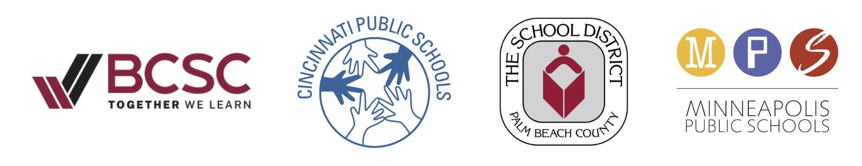 Logos of BCSC, Cincinnati public schools, Palm Beach County, Minneapolis public schools and Waller school district 