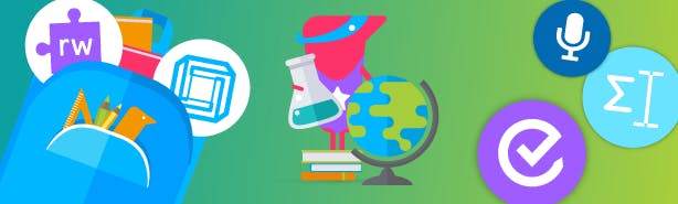 Texthelper holding a scientific beaker, with a backpack full of stationary and Read&amp;Write and EquatIO feature icons floating alongside