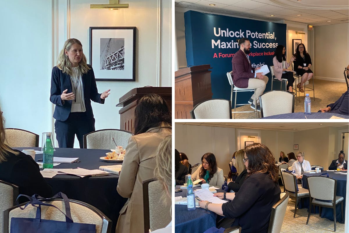 Collage of three images showcasing Maureen Dunne and panel speakers: Chris Grous, Marsha Villanueva McDermott and Heather Tartaglia. Attendees can be seen seated in the room.
