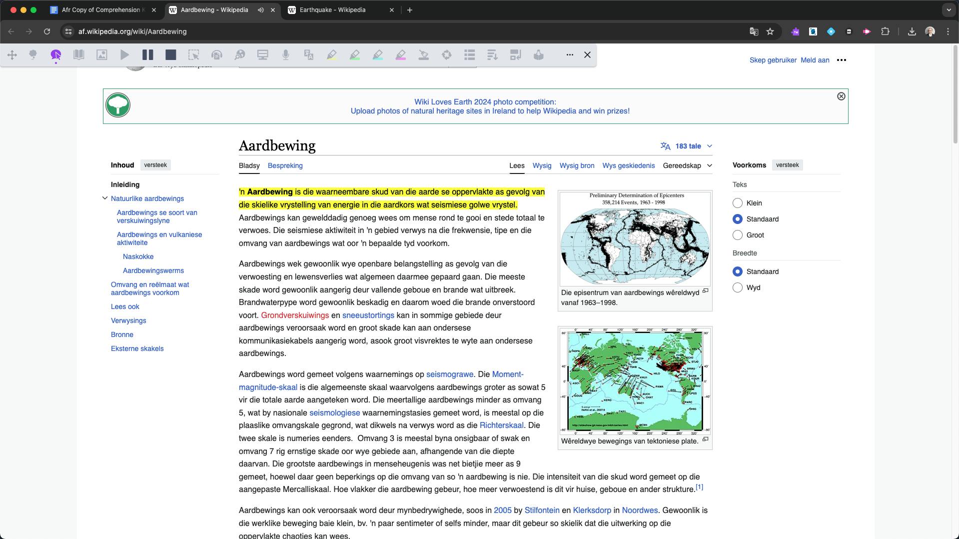 A Wikipedia page in Afrikaans 'Aardbewing' with the text highlighted and read aloud with Read&Write