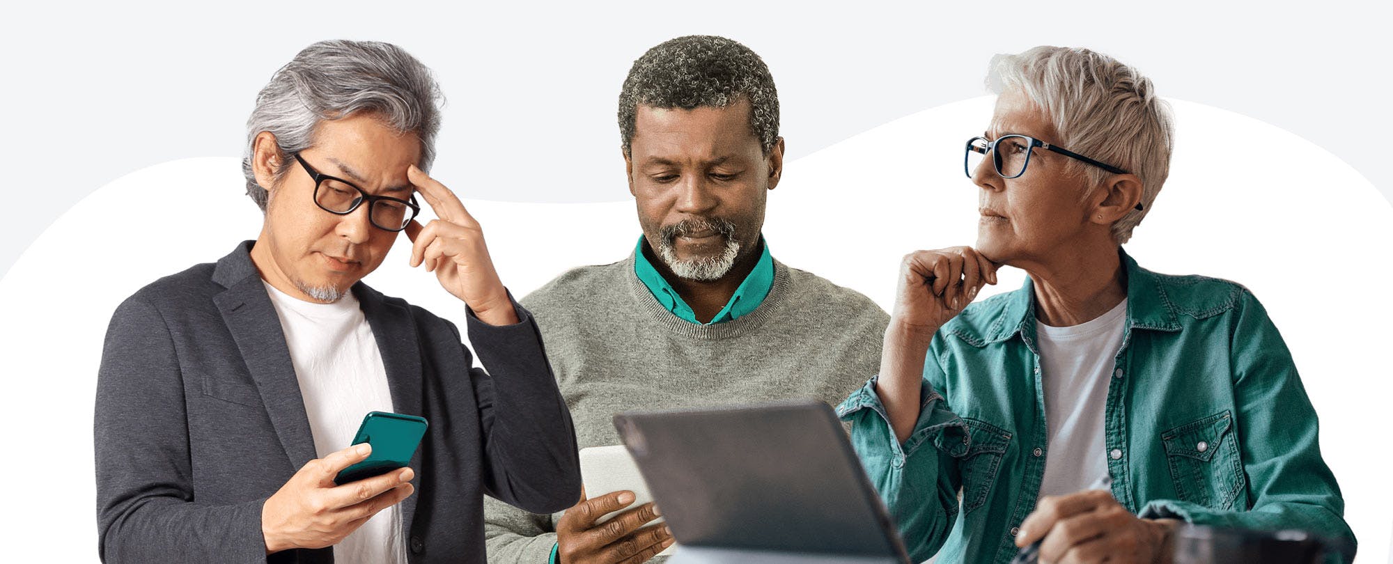 3 senior men and women using smartphones, tablet computers and laptop computers.