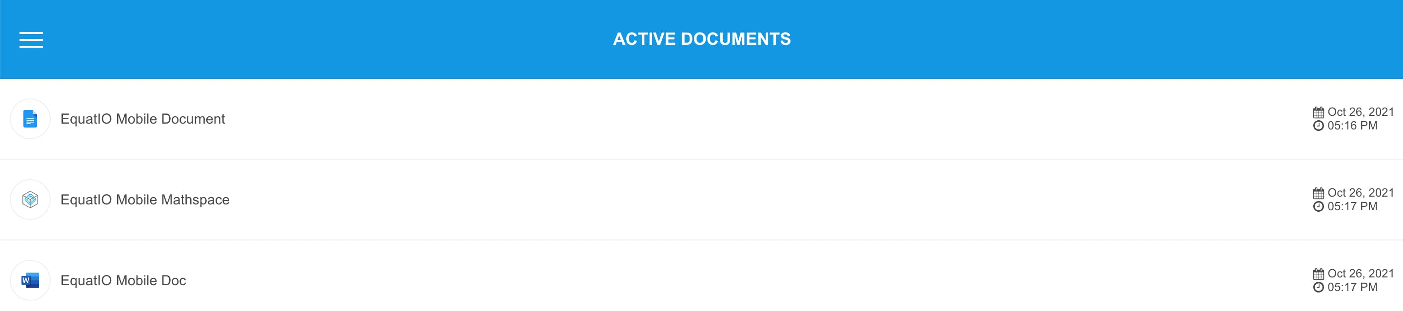 Screenshot of the Active Documents menu with three EquatIO Mobile documents saved in it.