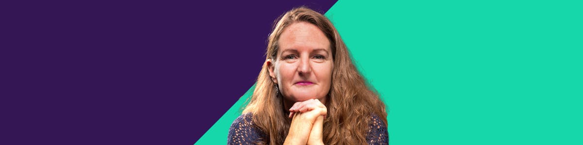 Portrait of Emma Mitchell on a purple and green background