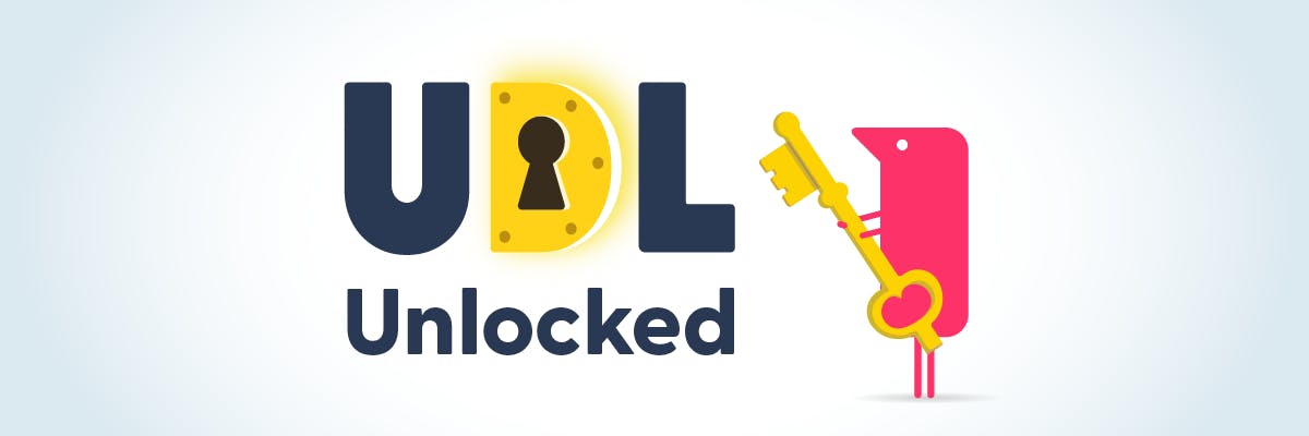 UDL Unlocked. Letter D shaped like a keyhole. Texthelper character holding a golden key. 