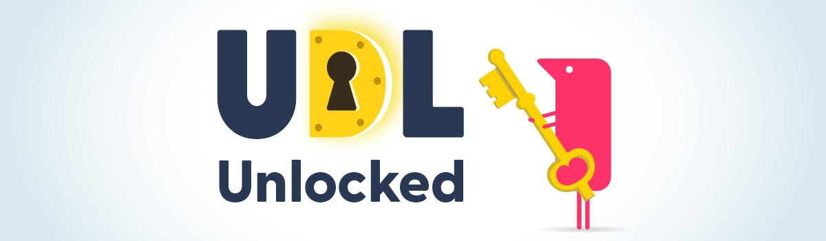 UDL Unlocked. Letter D shaped like a keyhole. Texthelper character holding a golden key. 