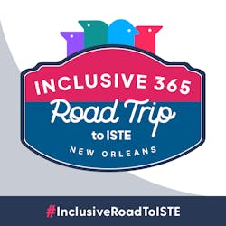 Four Texthelpers standing behind a road sign that reads "Inclusive 365 Road Trip to ISTE New Orleans" with the hashtag #InclusiveRoadToISTE