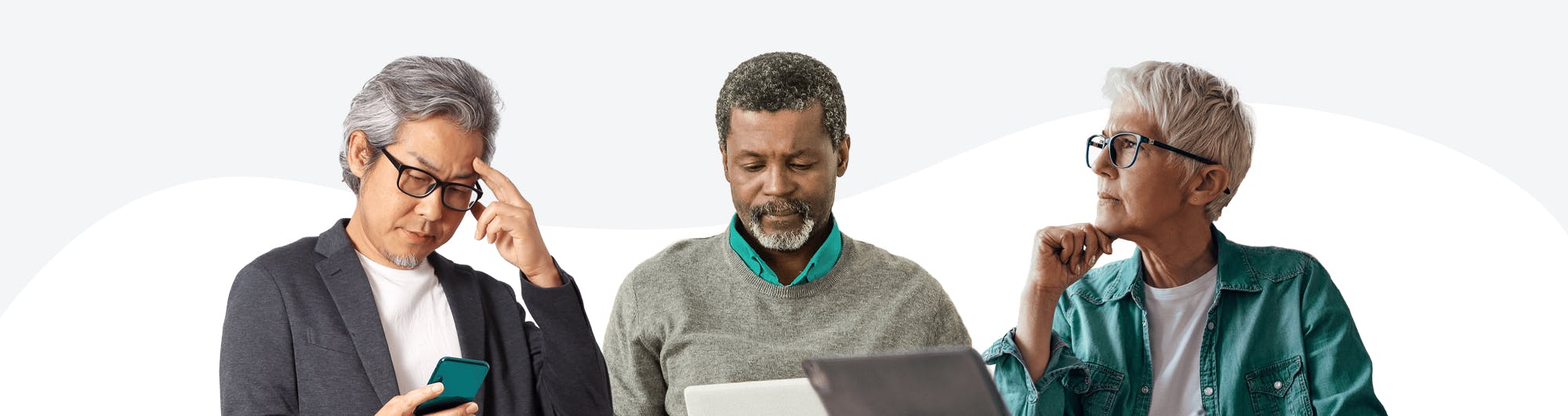 3 senior men and women using smartphones, tablet computers and laptop computers.