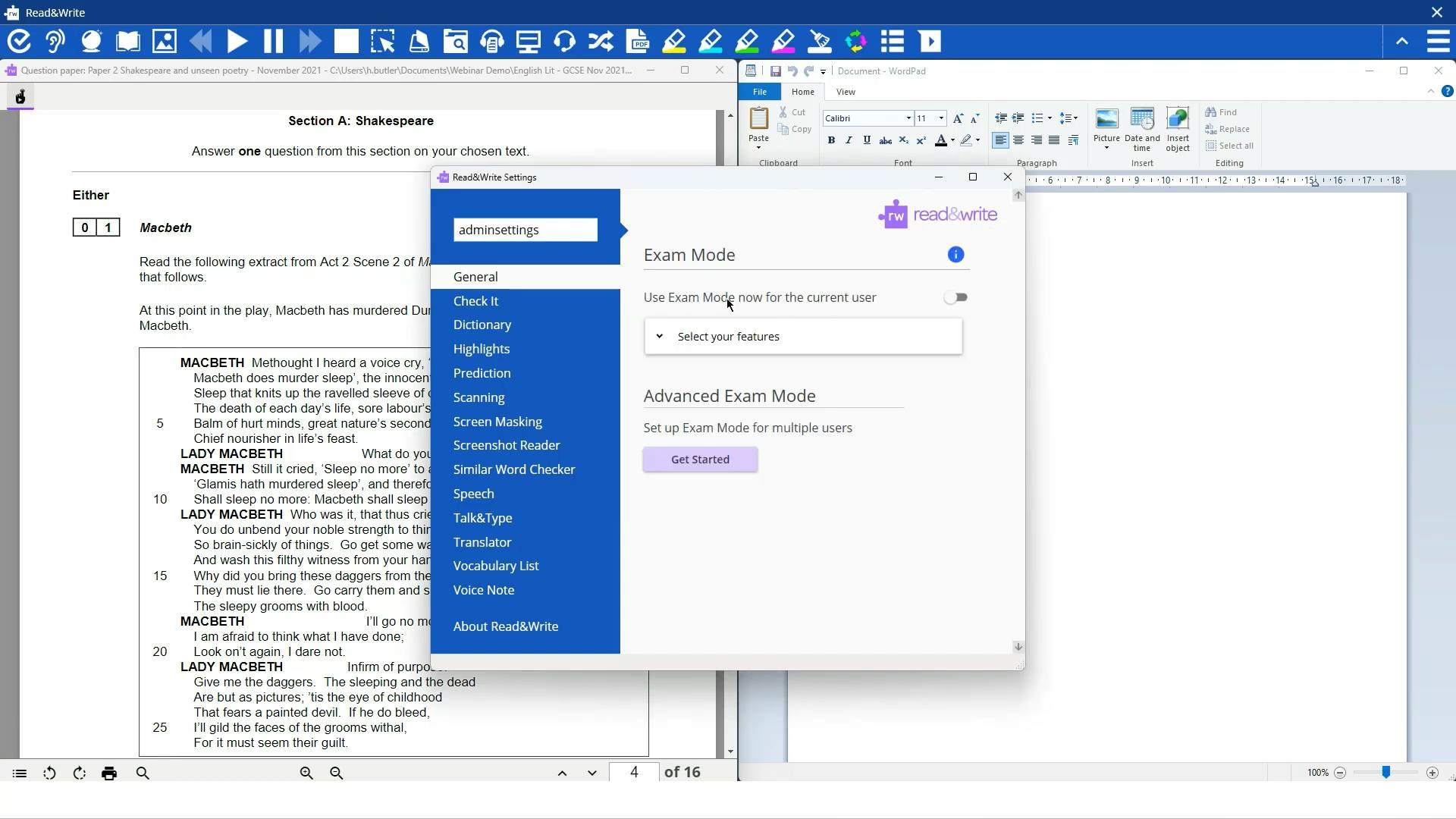 Screenshot showing the set up of Exam Mode in Read&Write