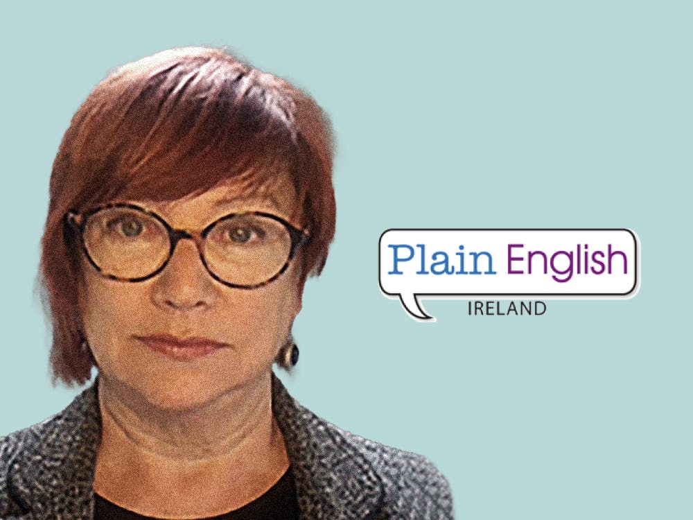 Headshot of Sarah Marriott with the Plain English Ireland logo