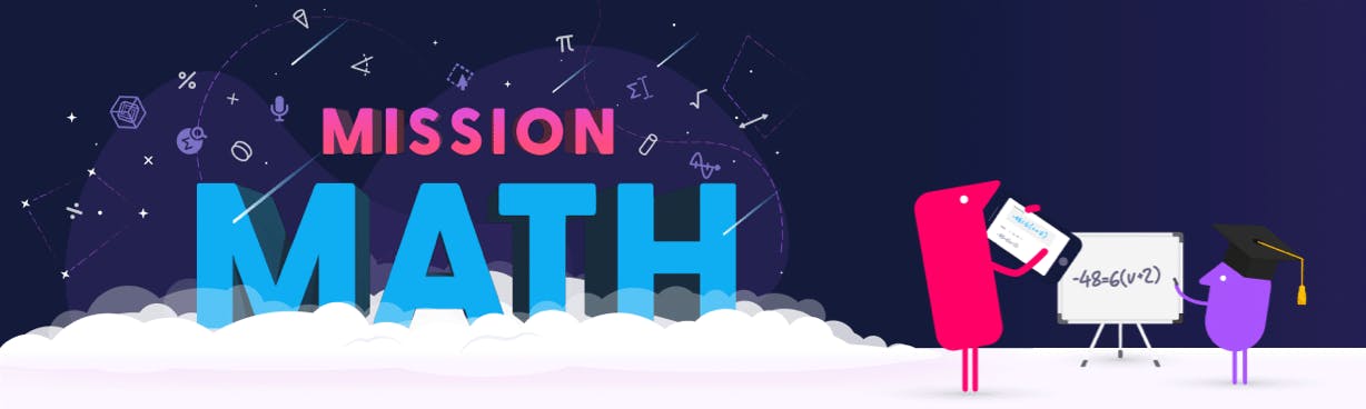 Mission Maths logo with Texthelper characters are holding digital math tool and solving equations