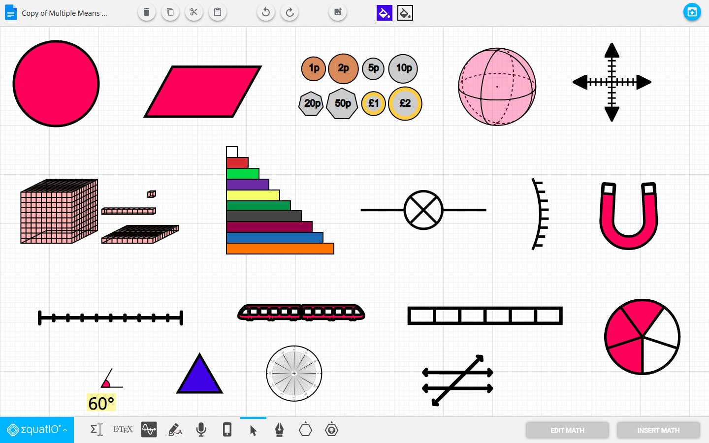 Equatio mathspace featuring different manipulatives, shapes, coins, counters, fractions 