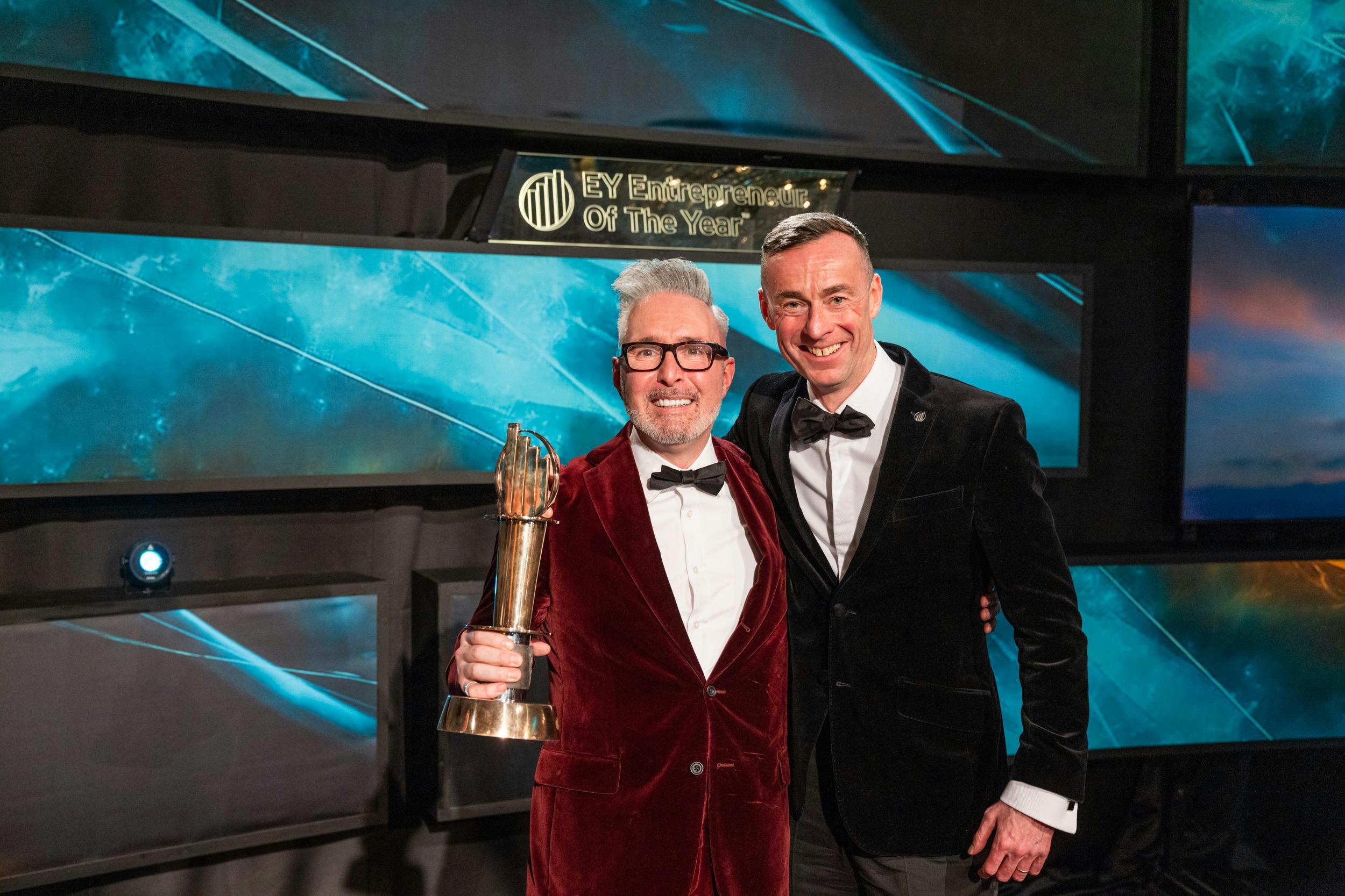 Martin McKay (Texthelp) and Rob Heron (EY) pictured in tuxedos at the EY Entrepreneur of the Year Ireland Awards 2022