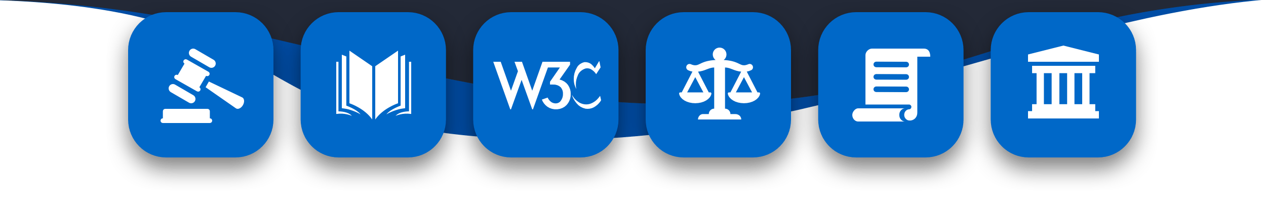 Symbols representing legislation including a gavel, a book, the W3C logo, scales, a document, and a government building.