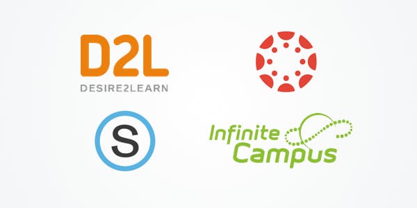 Logos for Desire 2 Learn, Canvas, Schoology and Infinite Campus