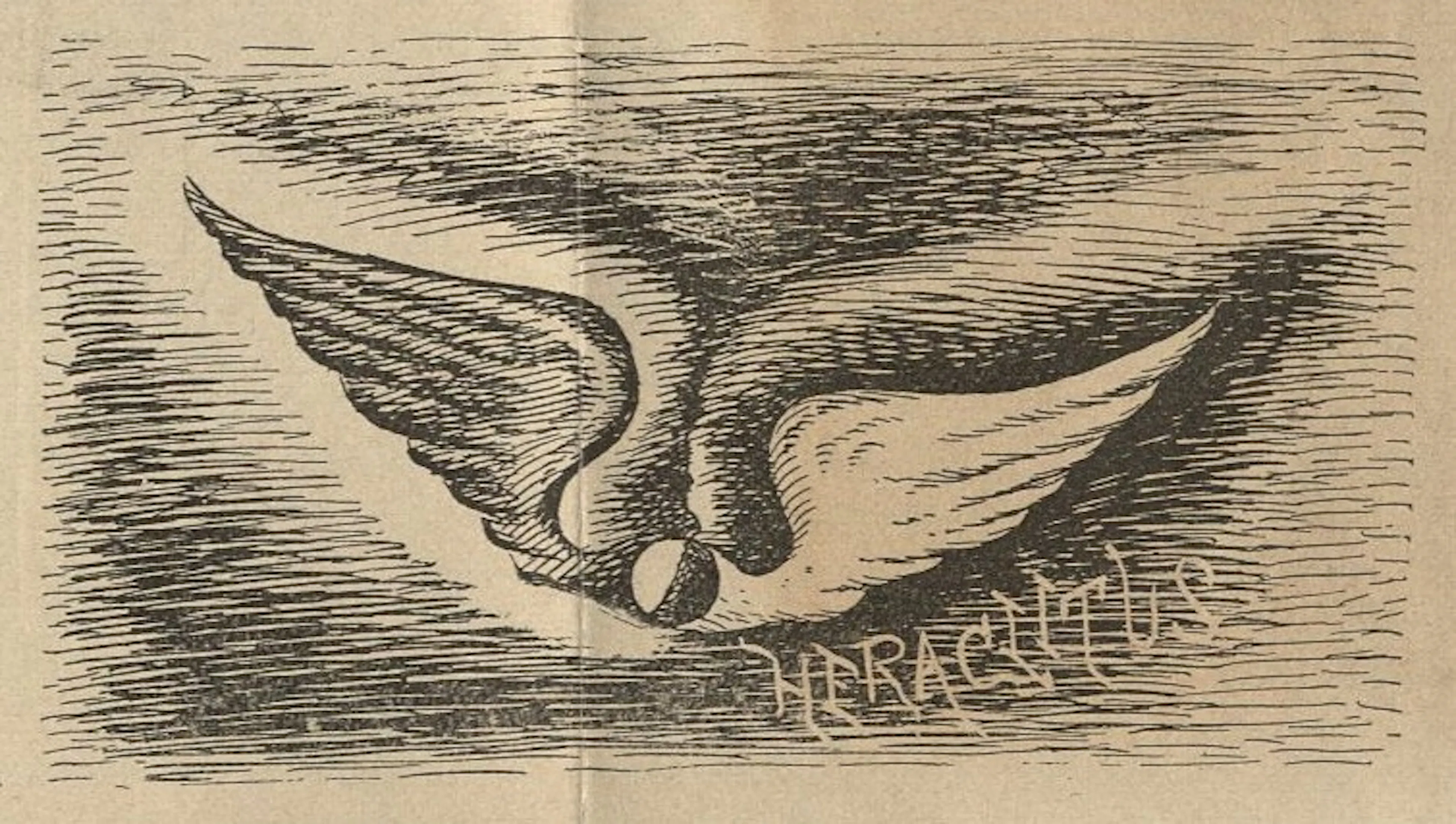 An engraving of a winged sphere flying through dark, streaked clouds, one wing black and the other white, lettered HERACLITUS beneath.