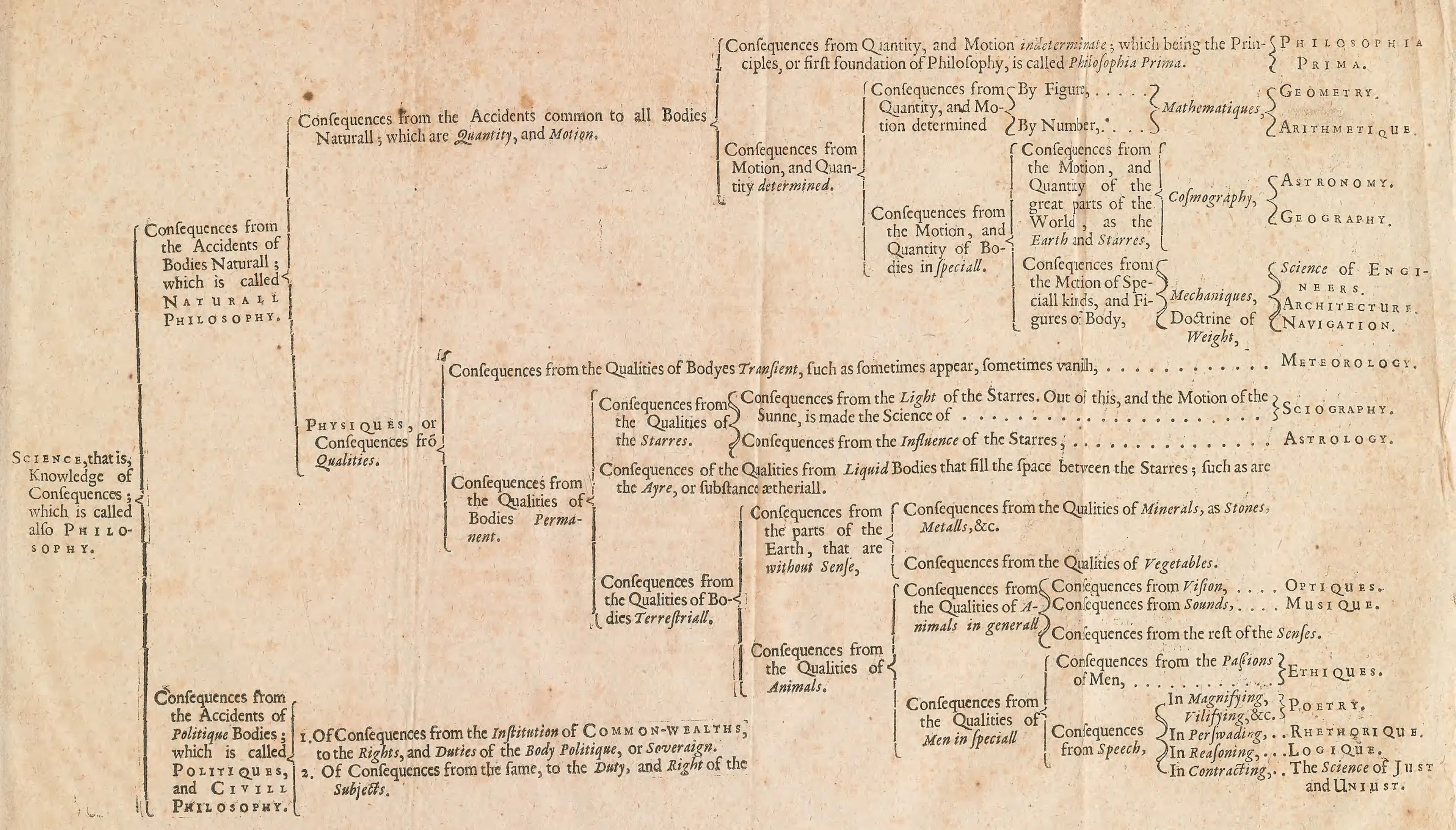 Hobbes's folding table of the sciences, a tree of braces: Science, or Philosophy, divides into Naturall Philosophy and Civill Philosophy, each branching to named sciences, from Philosophia Prima, Geometry and Arithmetique to Ethiques, Poetry, Rhethorique, Logique and the Science of Just and Unjust. Its text follows.