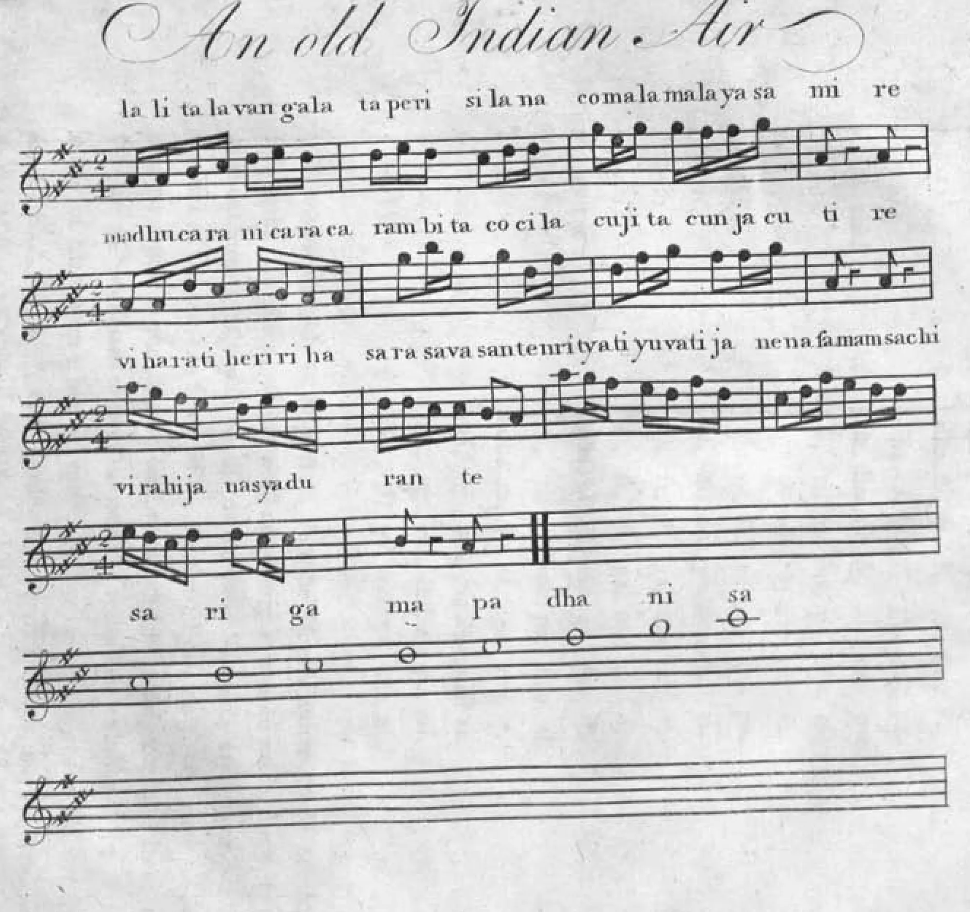 engraved plate of musical notation, “An old Indian Air”: Soma's air in the mode of Vasanta, with the Sanscrit words of Jayadeva's stanza under the notes, followed by the scale sa ri ga ma pa dha ni sa, and two empty staves