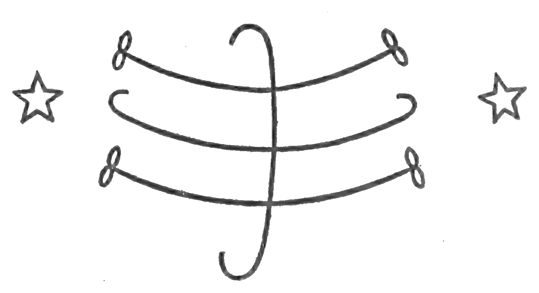 A device drawn in outline: an upright stroke hooked at both ends, crossed by three curved horizontal strokes (the upper and lower ending in double loops, the middle in hooks), with a five-pointed star on either side.