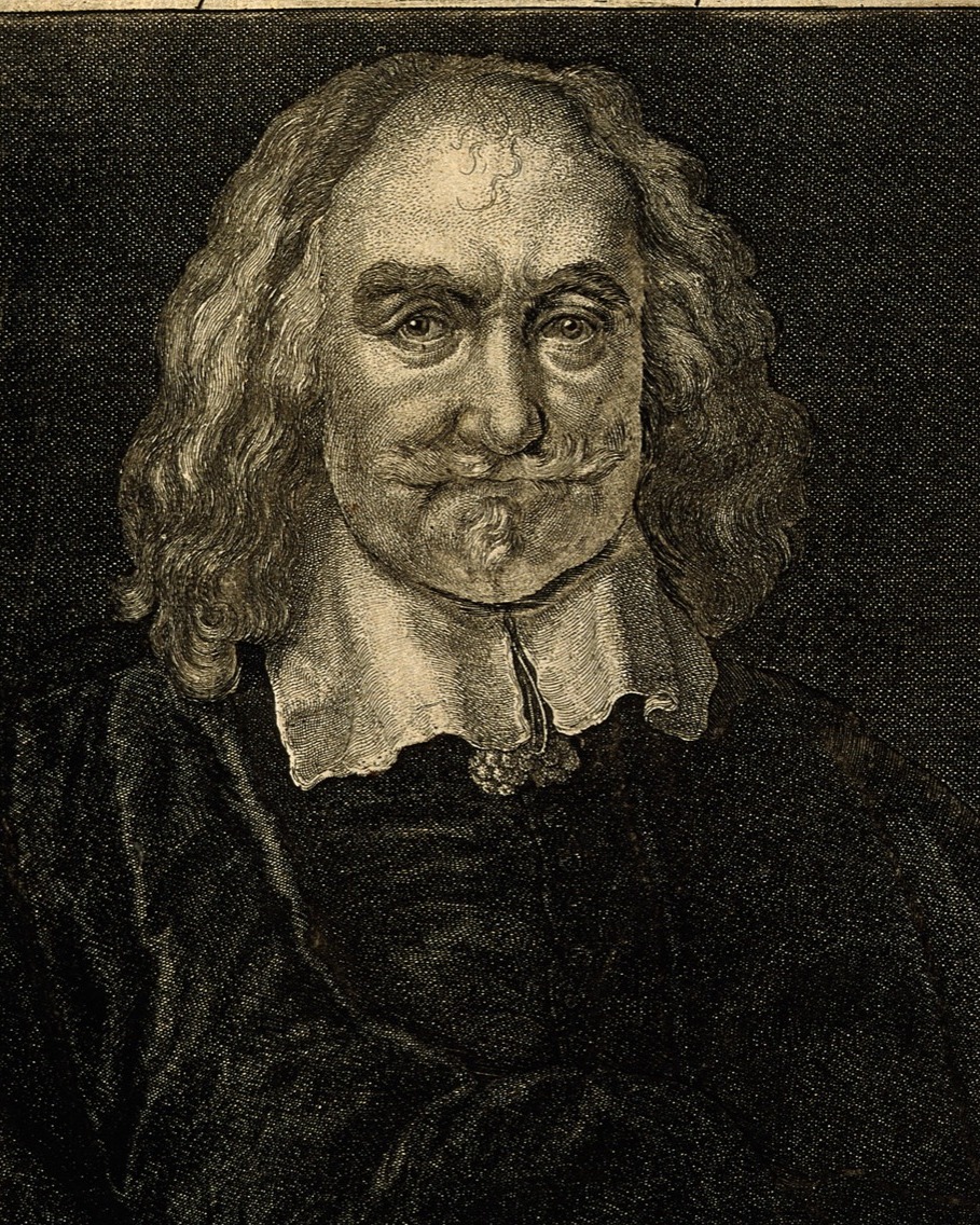 Thomas Hobbes in old age, with long hair and a broad lace collar, from Hollar’s etching