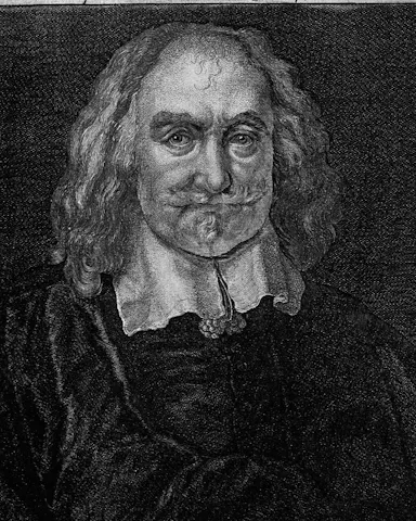 Thomas Hobbes in old age, with long hair and a broad lace collar, from Hollar’s etching