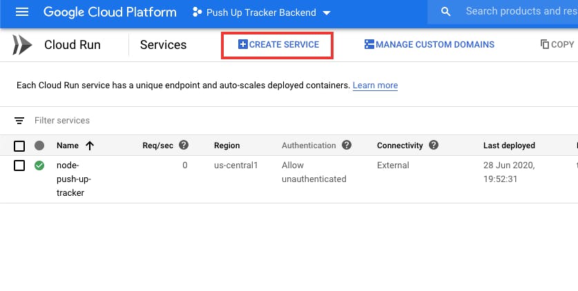 Create Service button on Google Cloud Platform 