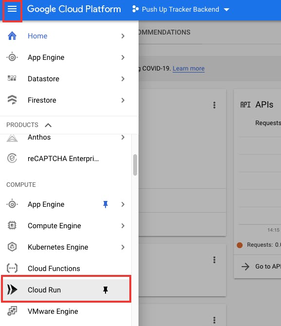 Navigation bar of Google Cloud, pick Cloud Run 