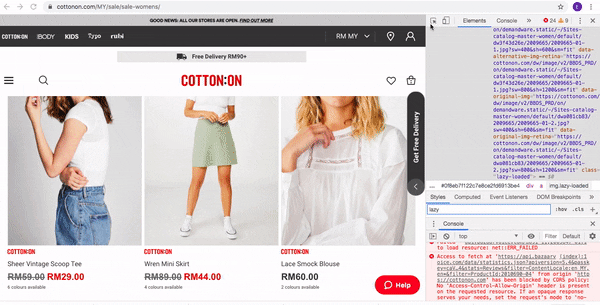 Cotton On website with 'inspect' function 