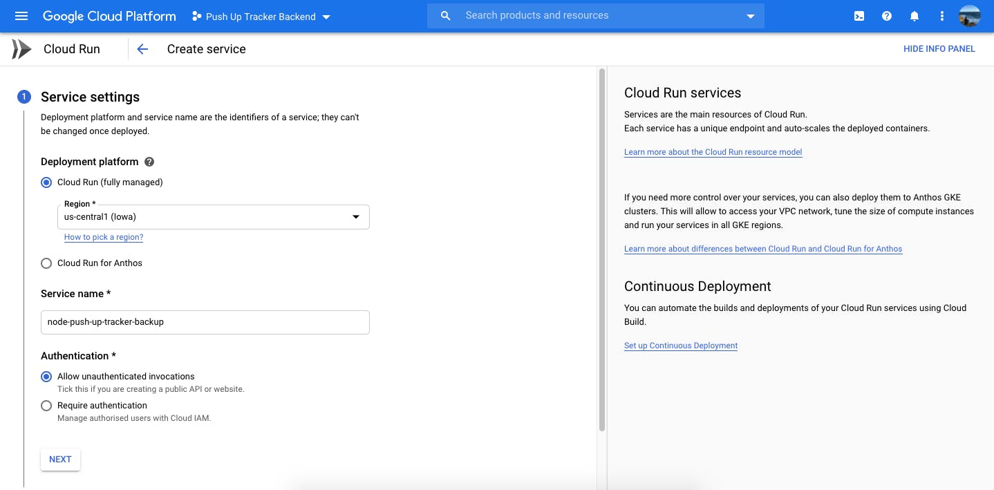 Create service in "cloud run" in google cloud platform 