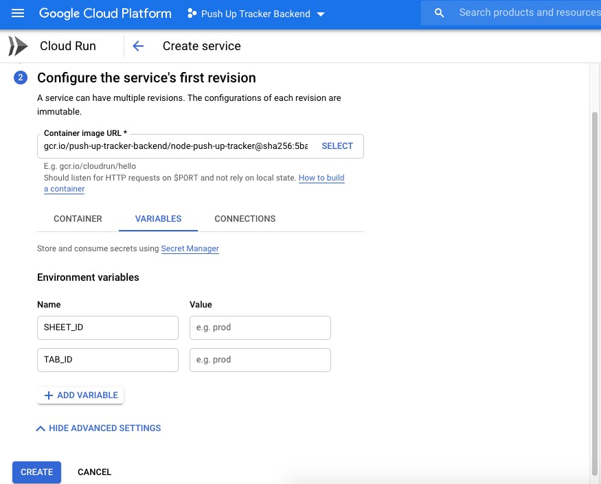 Add SHEET_ID ad TAB_ID in the 'create service' in Cloud run