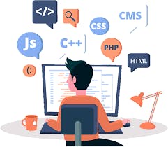 illustration of a guy on his computer, learning different coding languages such as Js, CSS, C++