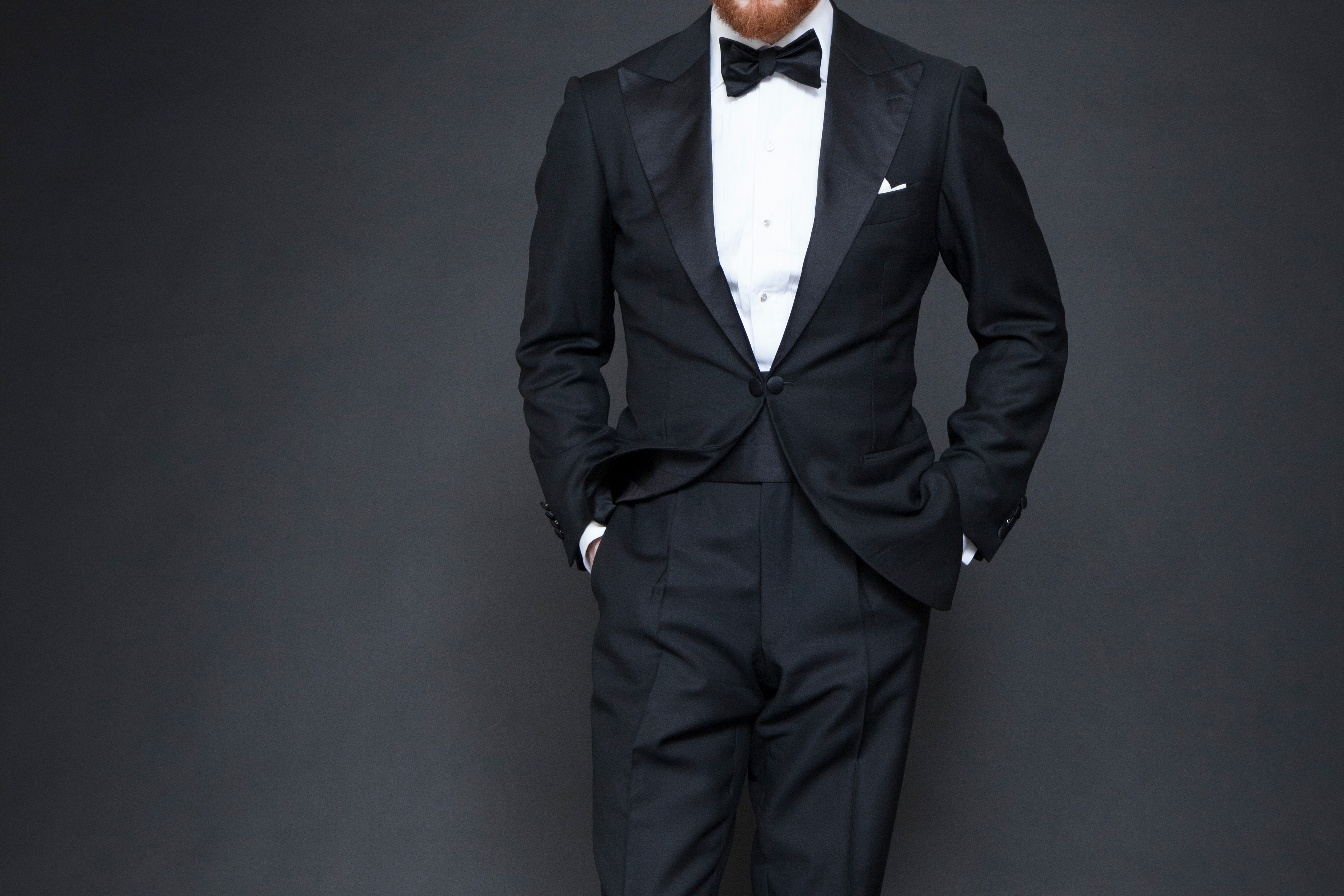 Our Model 4 Tuxedo features wide peak lapels, a lightly roped 