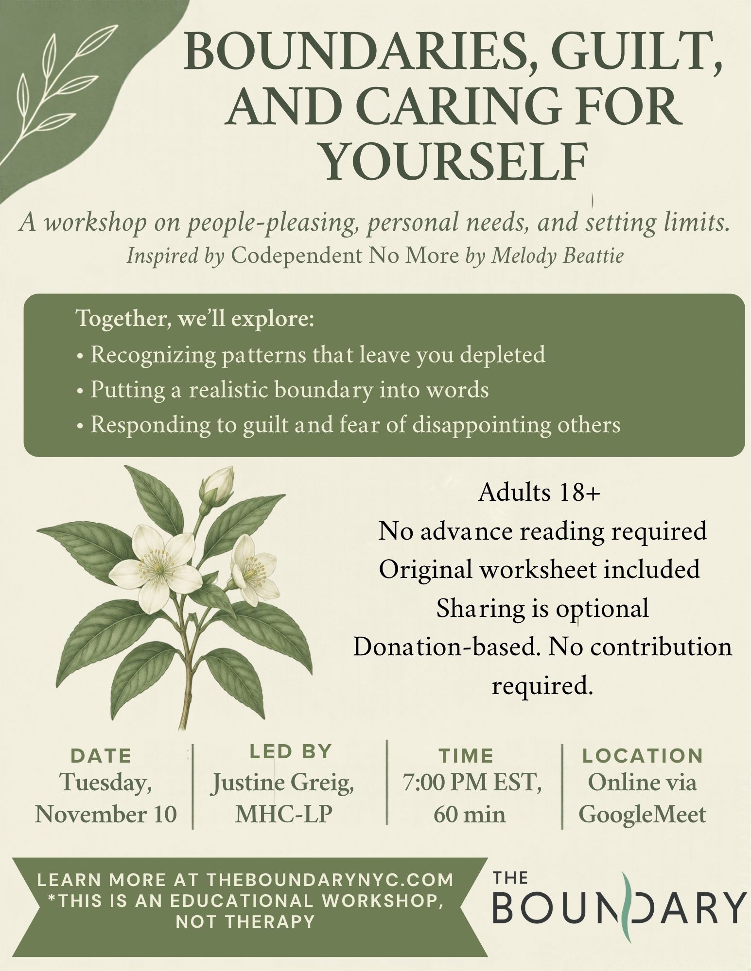 Flyer for Boundaries, Guilt, and Caring for Yourself, a free virtual workshop on Tuesday, November 10 at 7pm ET