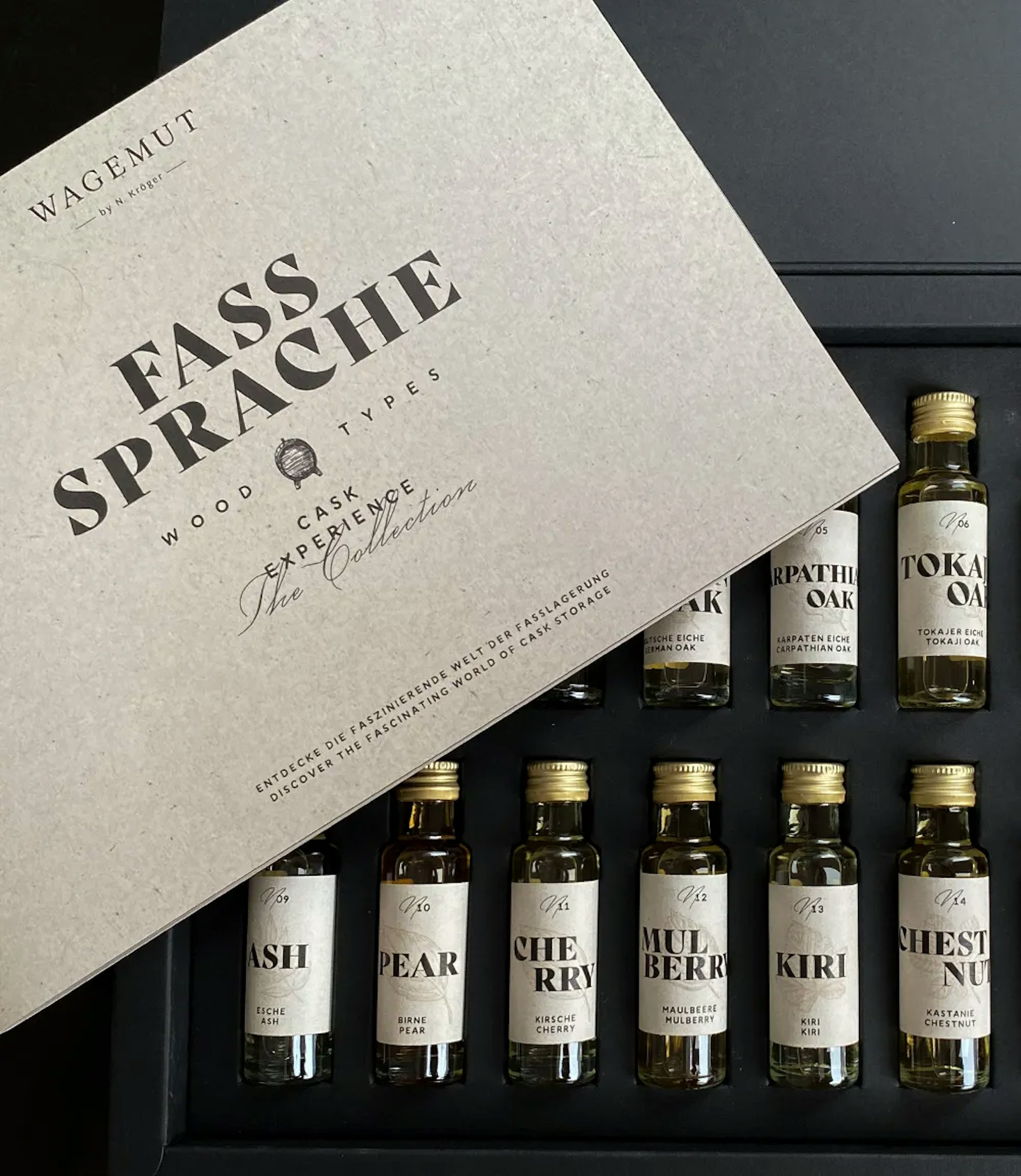 Beispiel zu einem Packaging Design mit Etiketten Design von einer Rum-Tasting-Box der Marke Wagemut