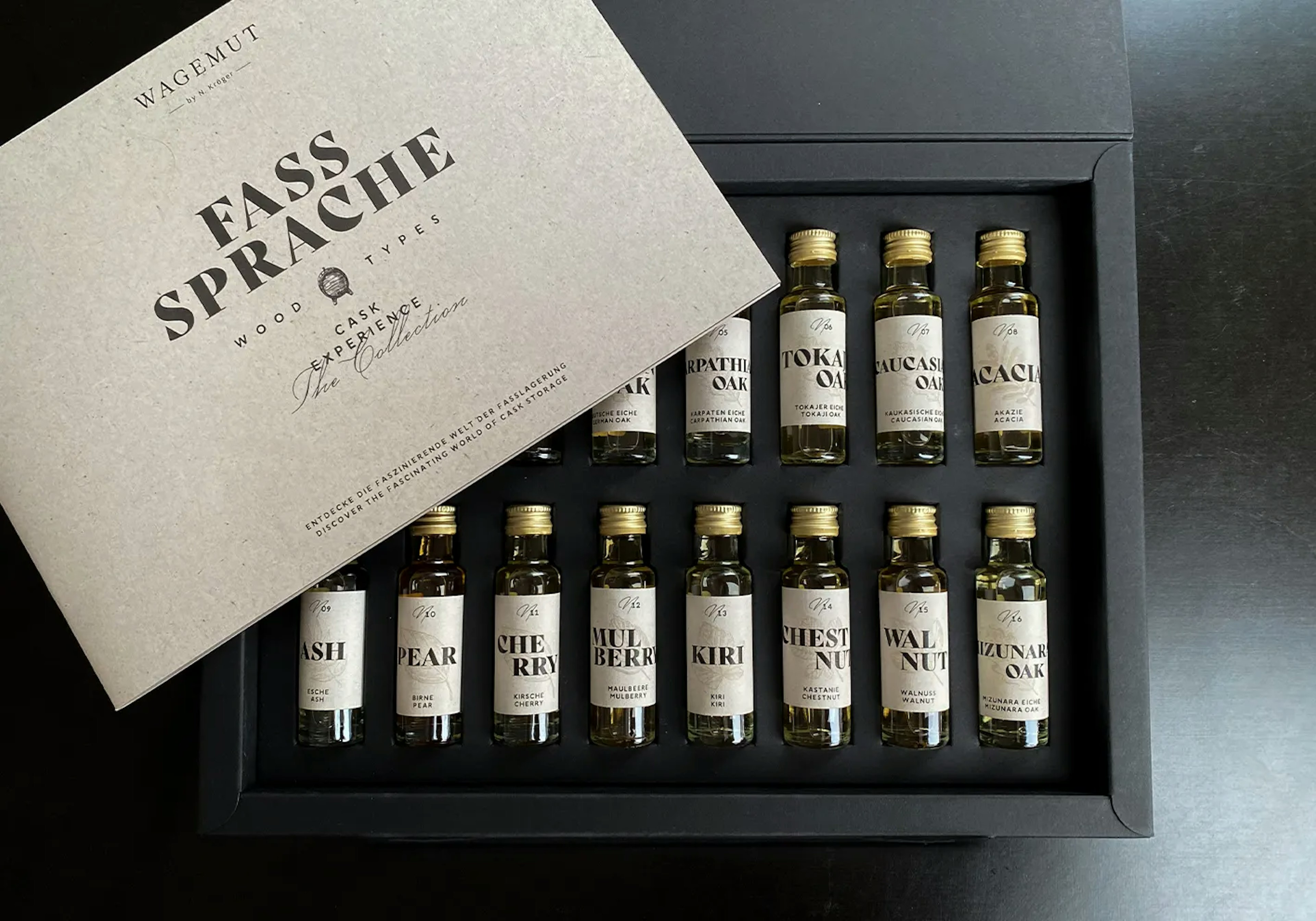 Beispiel zu einem Packaging Design mit Etiketten Design von einer Rum-Tasting-Box der Marke Wagemut