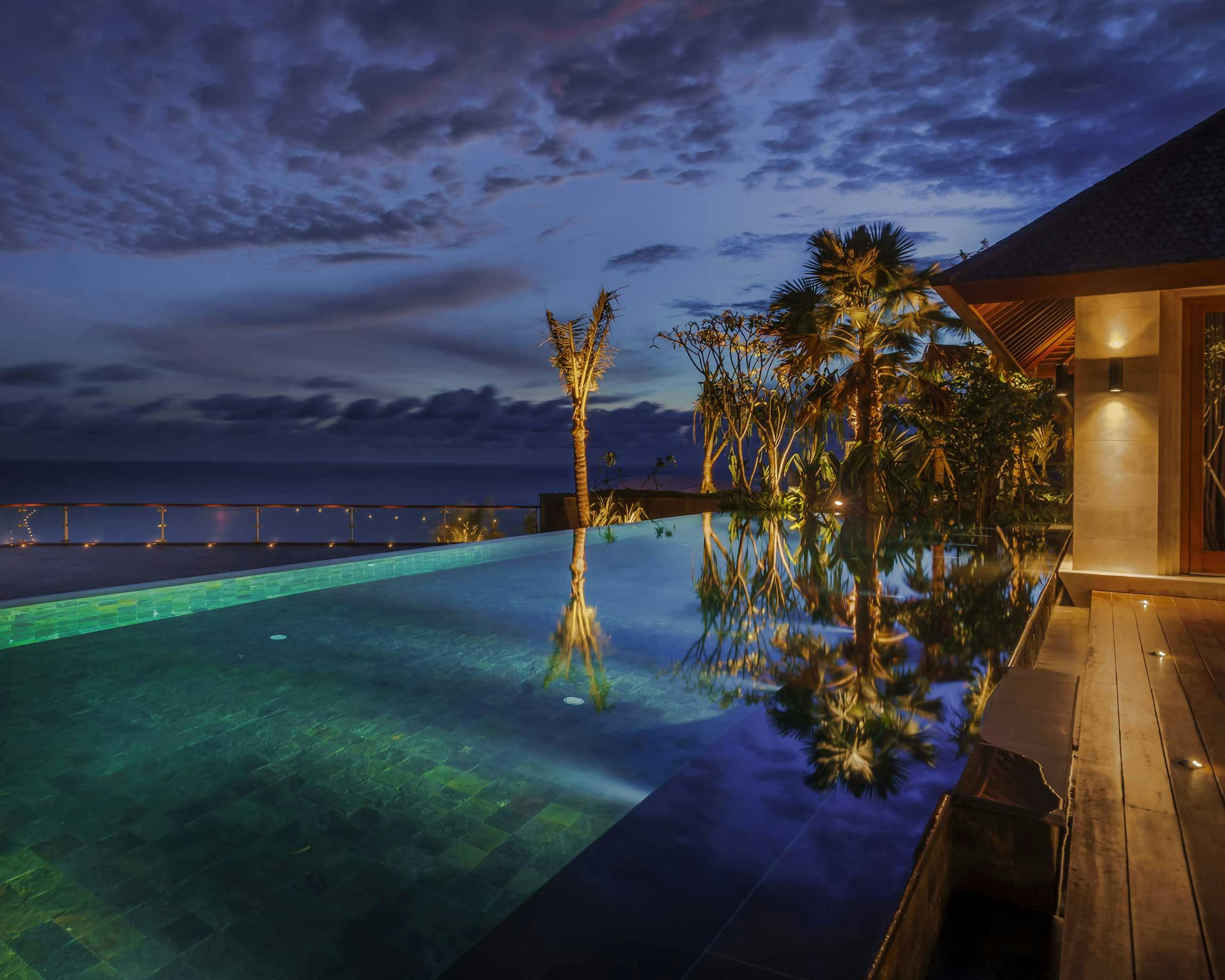Beautiful ocean views from luxurious villa at night in Uluwatu