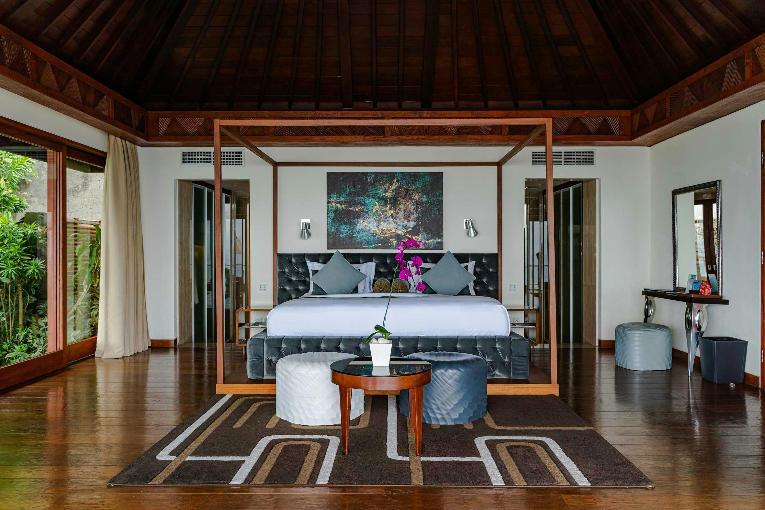 Front view of the bedroom in a ocean front villa in Uluwatu, Bali