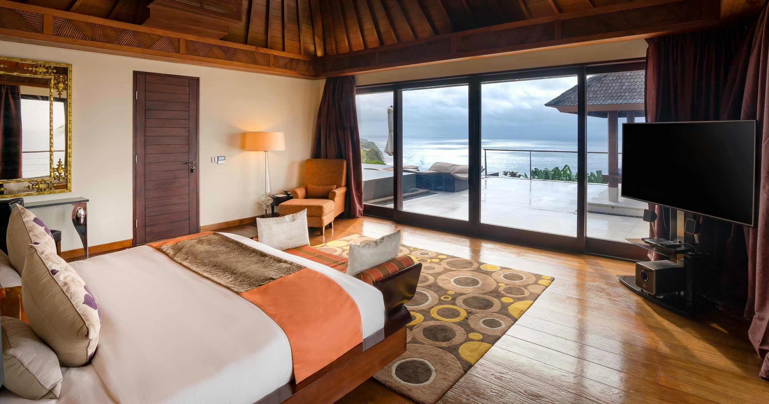Luxurious bedroom in 5 bedroom villa in southern Bali with panoramic ocean views