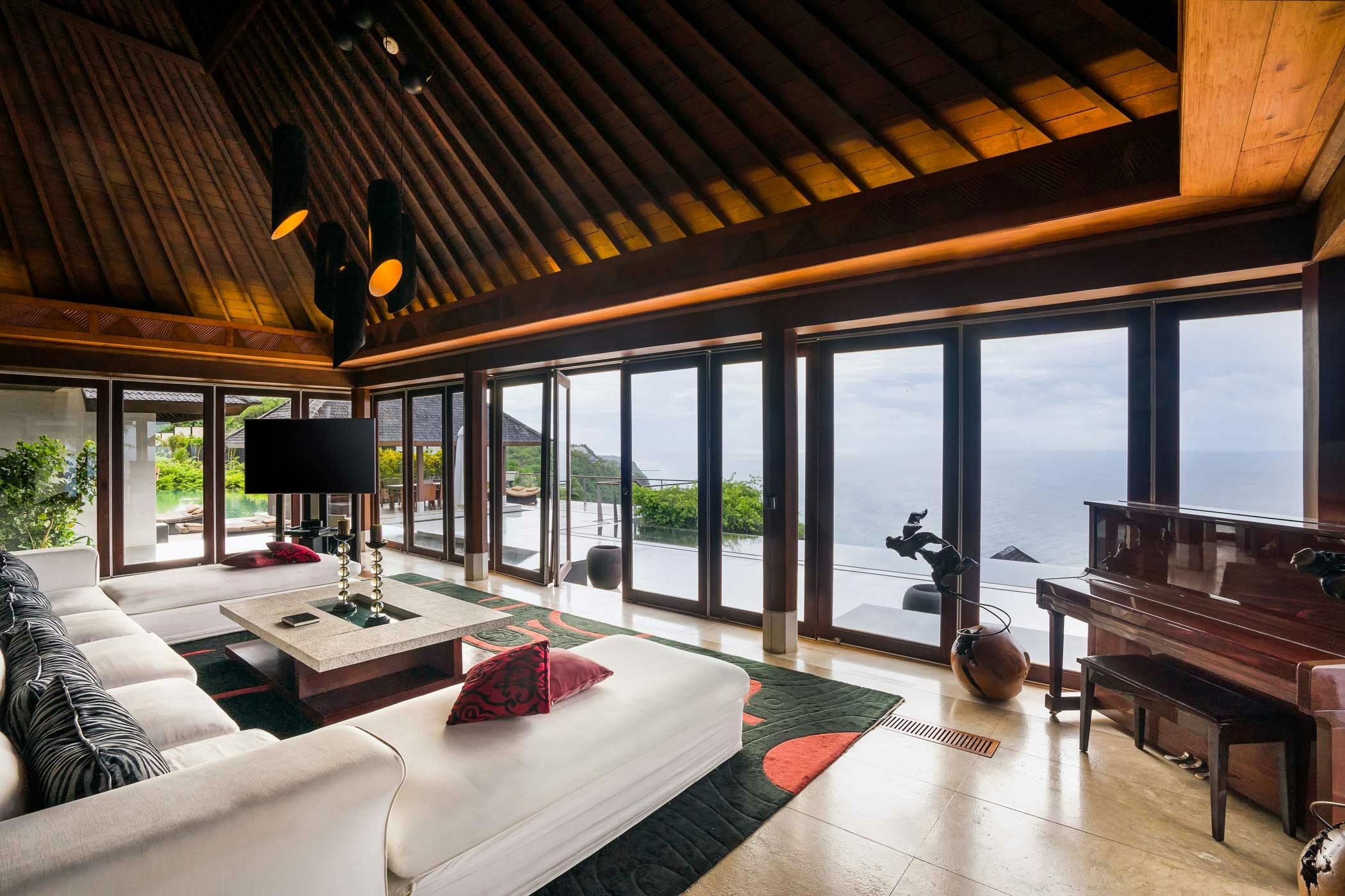 Living room of the view villa in southern Bali with ocean views
