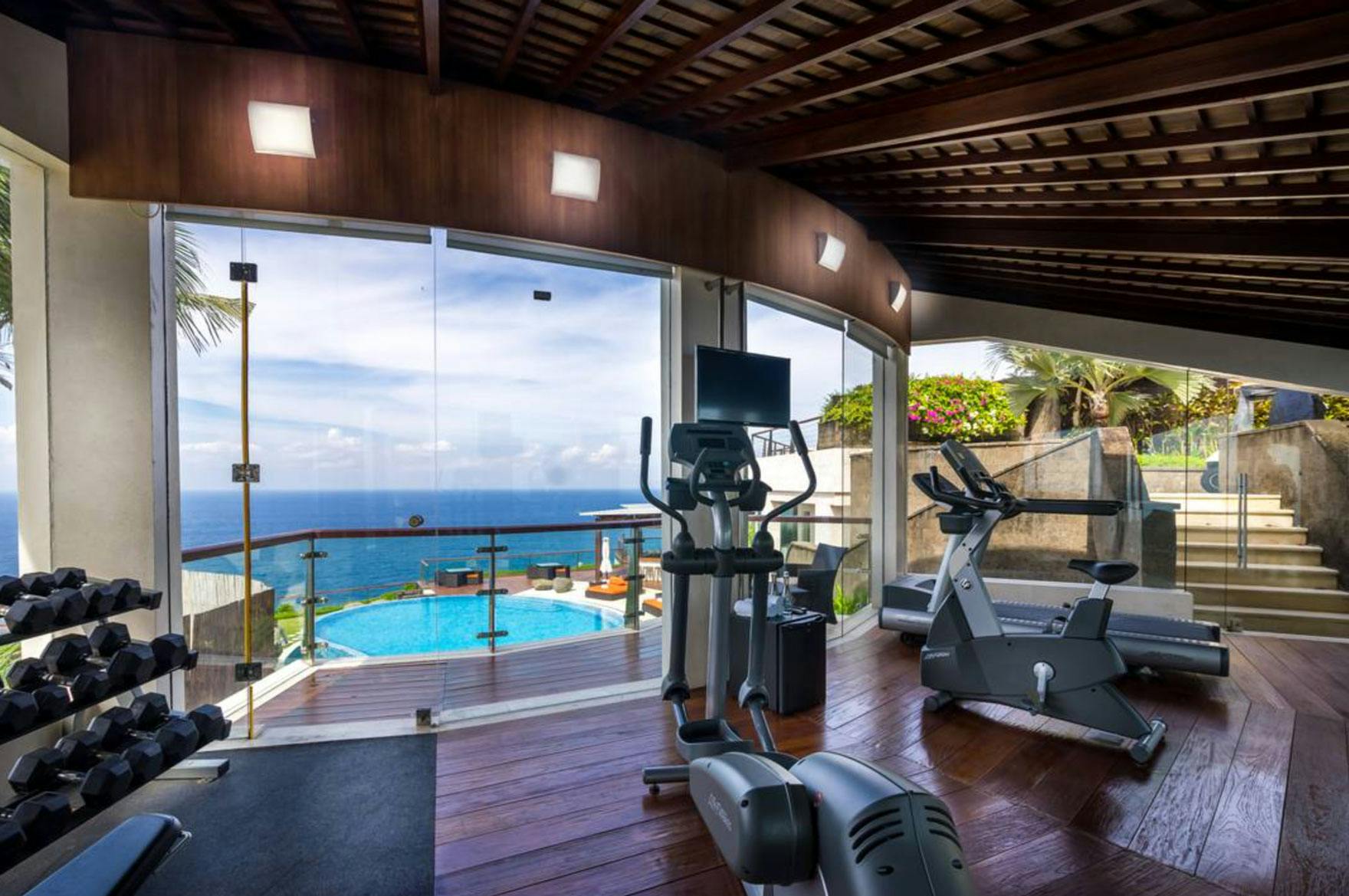 gym with panoramic ocean views