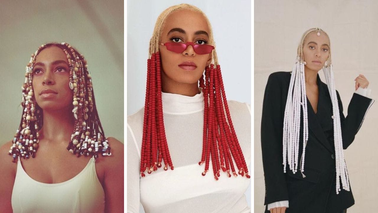 Solange braids adorned with beads, Solange intricate braids 