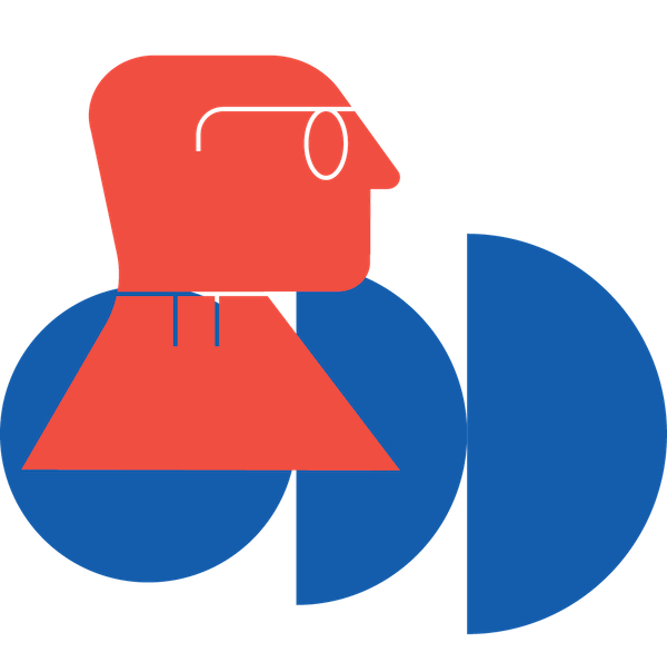 A logo of a man with glasses in front of a geometric figure