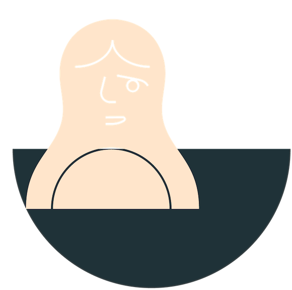 A figure in front of a teal semicircle.