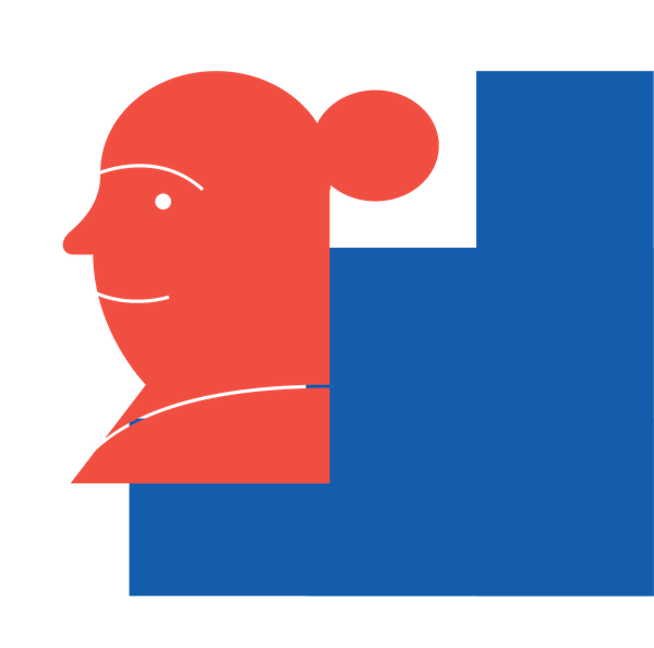 An icon of a woman's face in front of blue stairs