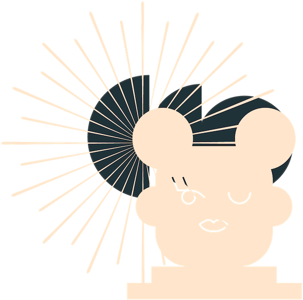 A logo of a woman in front of a geometric figure.