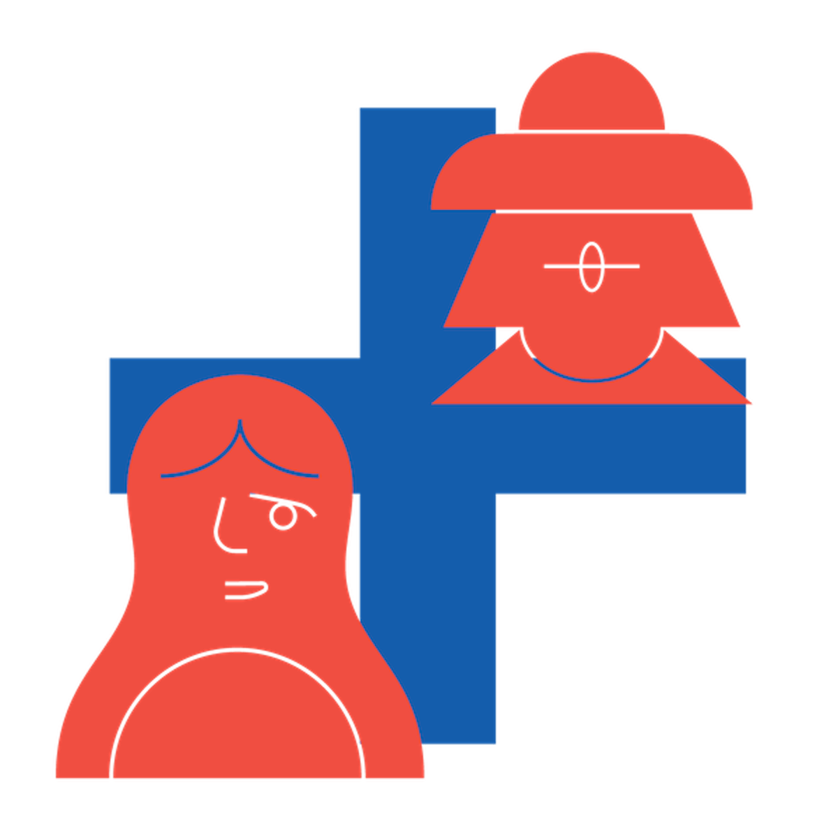 An icon of two women with a blue plus sign backdrop. 